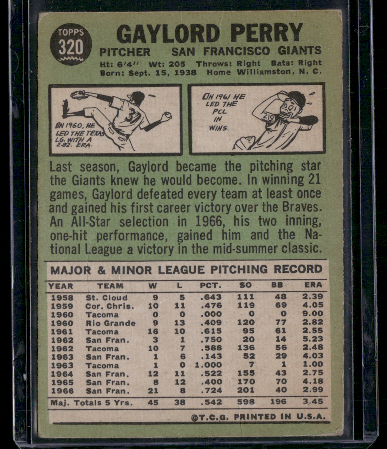 1967 Topps GAYLORD PERRY #320 wrinkles on back Scratch on surface