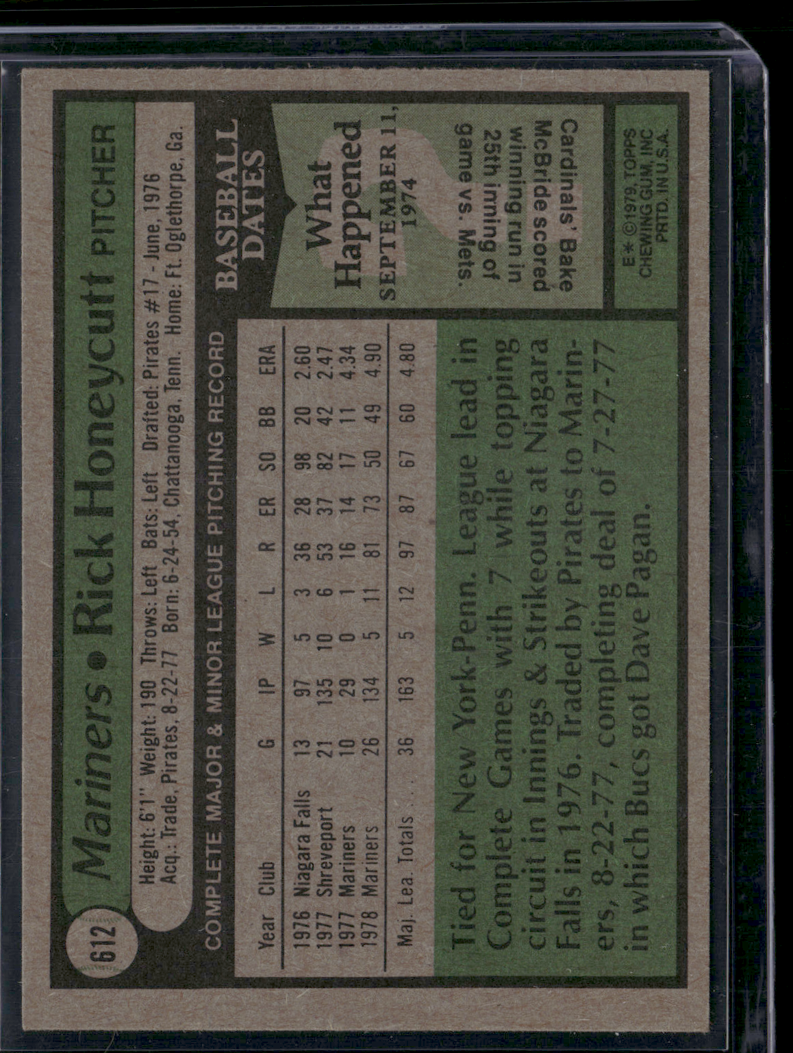 1979 Topps RICK HONEYCUTT #612 (EX-EX/MT)