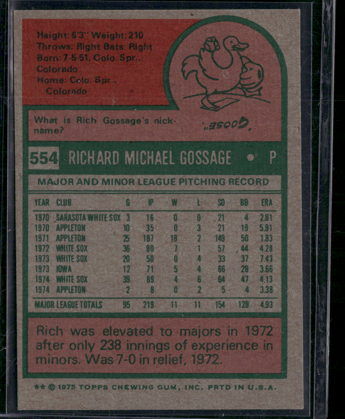 1975 Topps RICH GOSSAGE #554 (VG-EX)