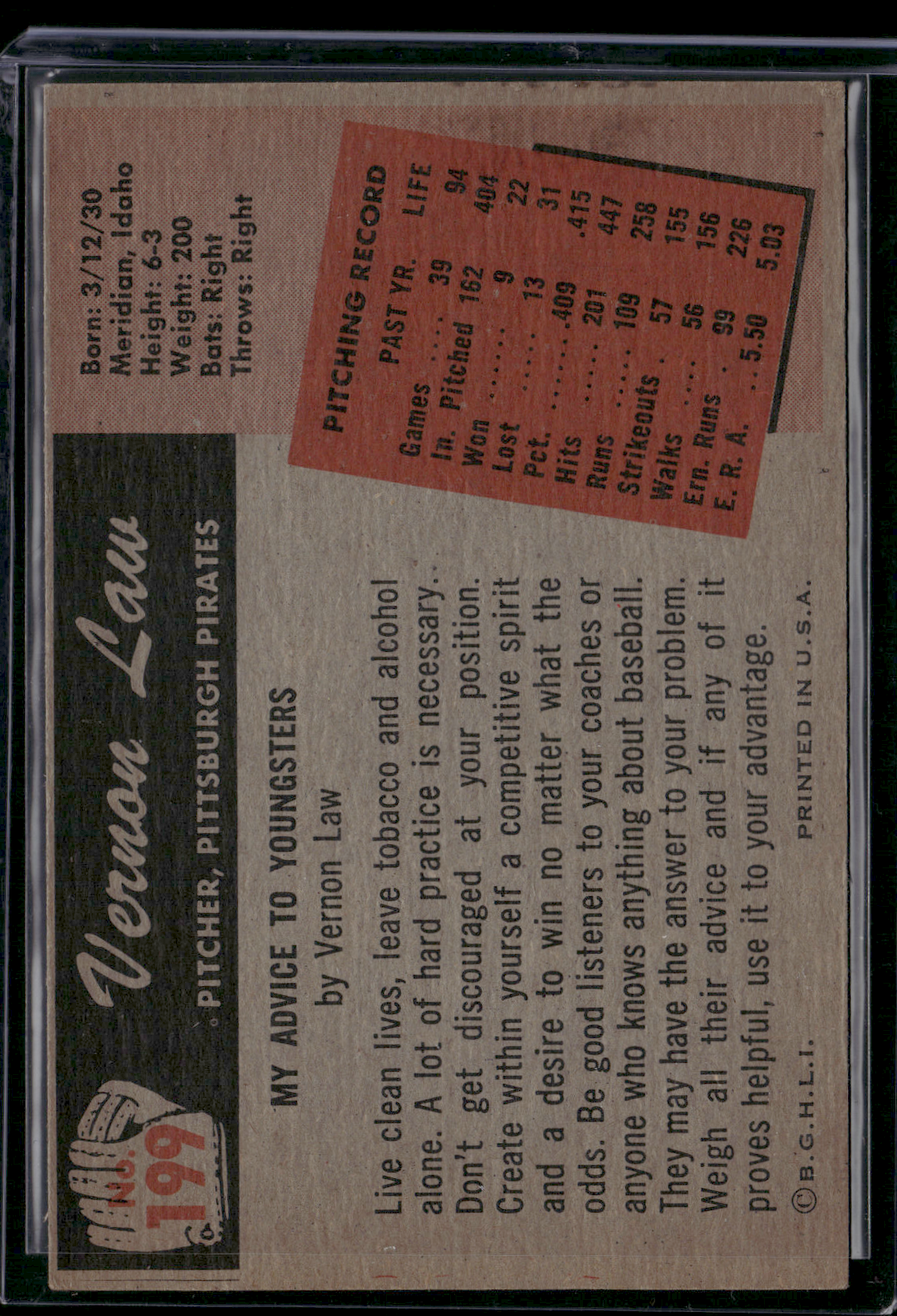 1955 VERNON LAW #199 EX Condition