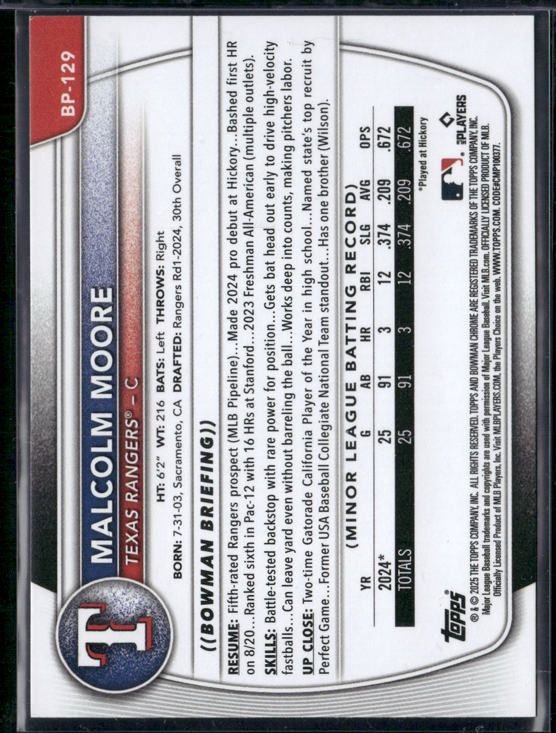 2025 Bowman MALCOLM MOORE #BP-129 1st Bowman