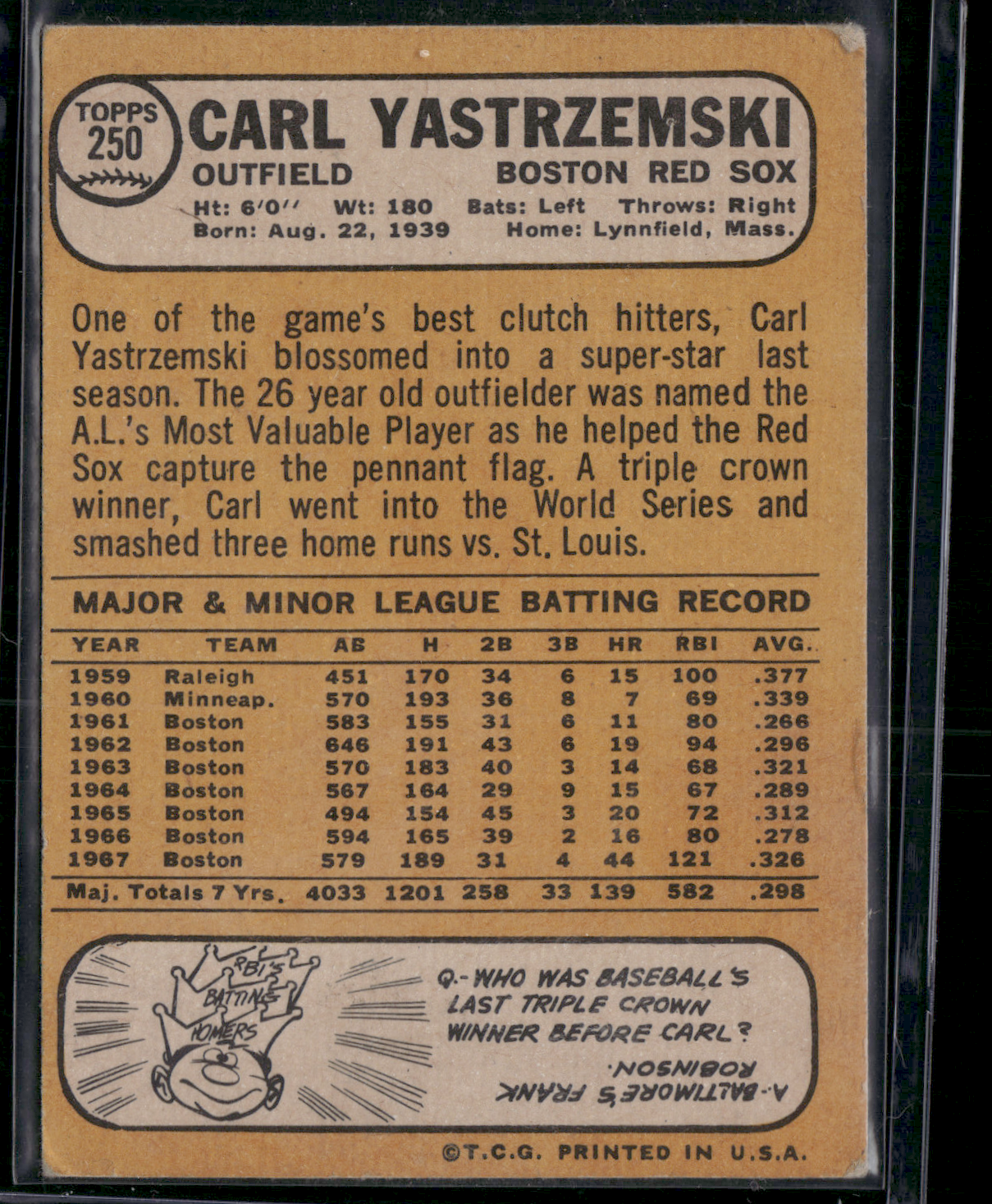 1968 Topps CARL YASTRZEMSKI #250