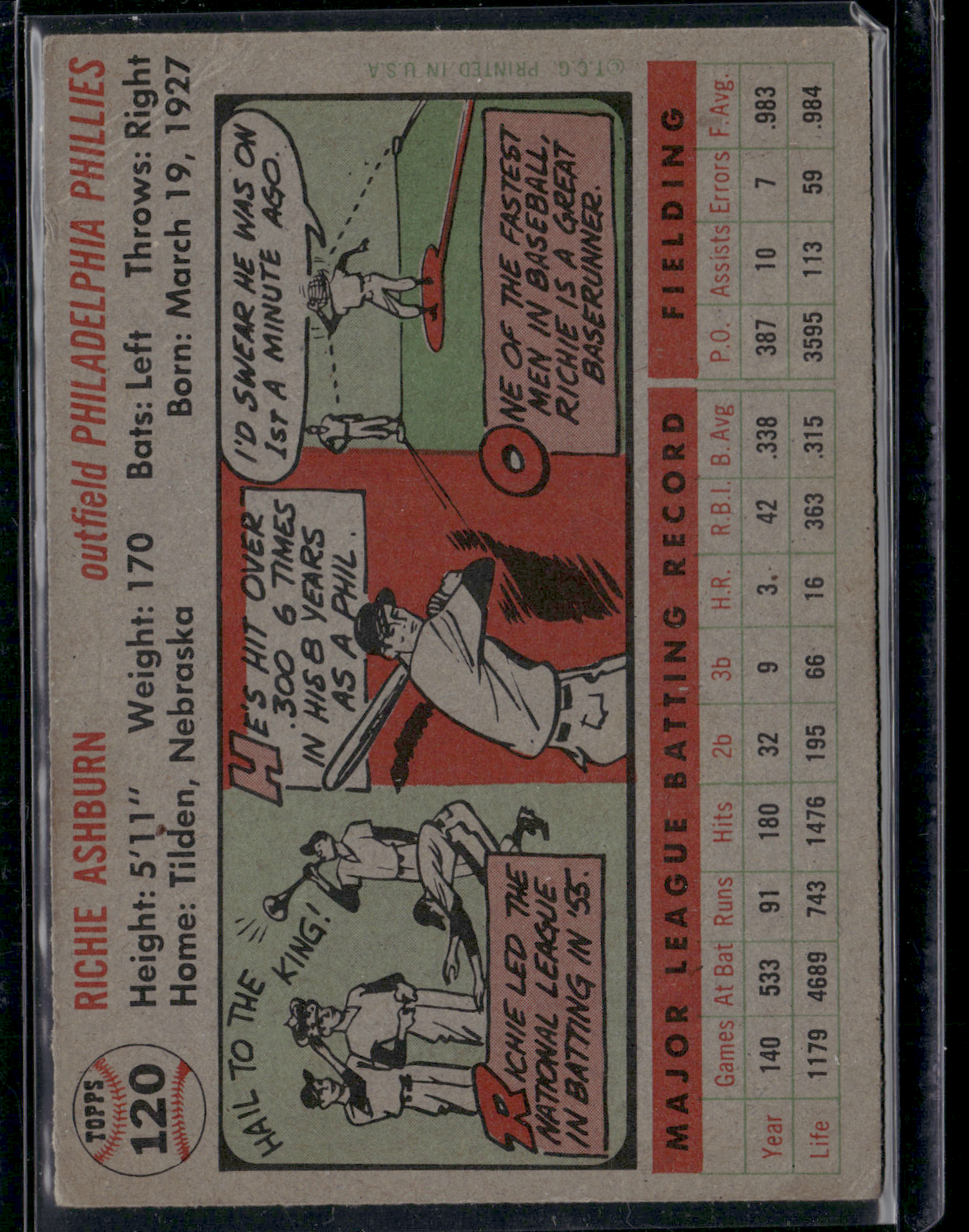 1956 Topps RICHIE ASHBURN #120 Corner crease