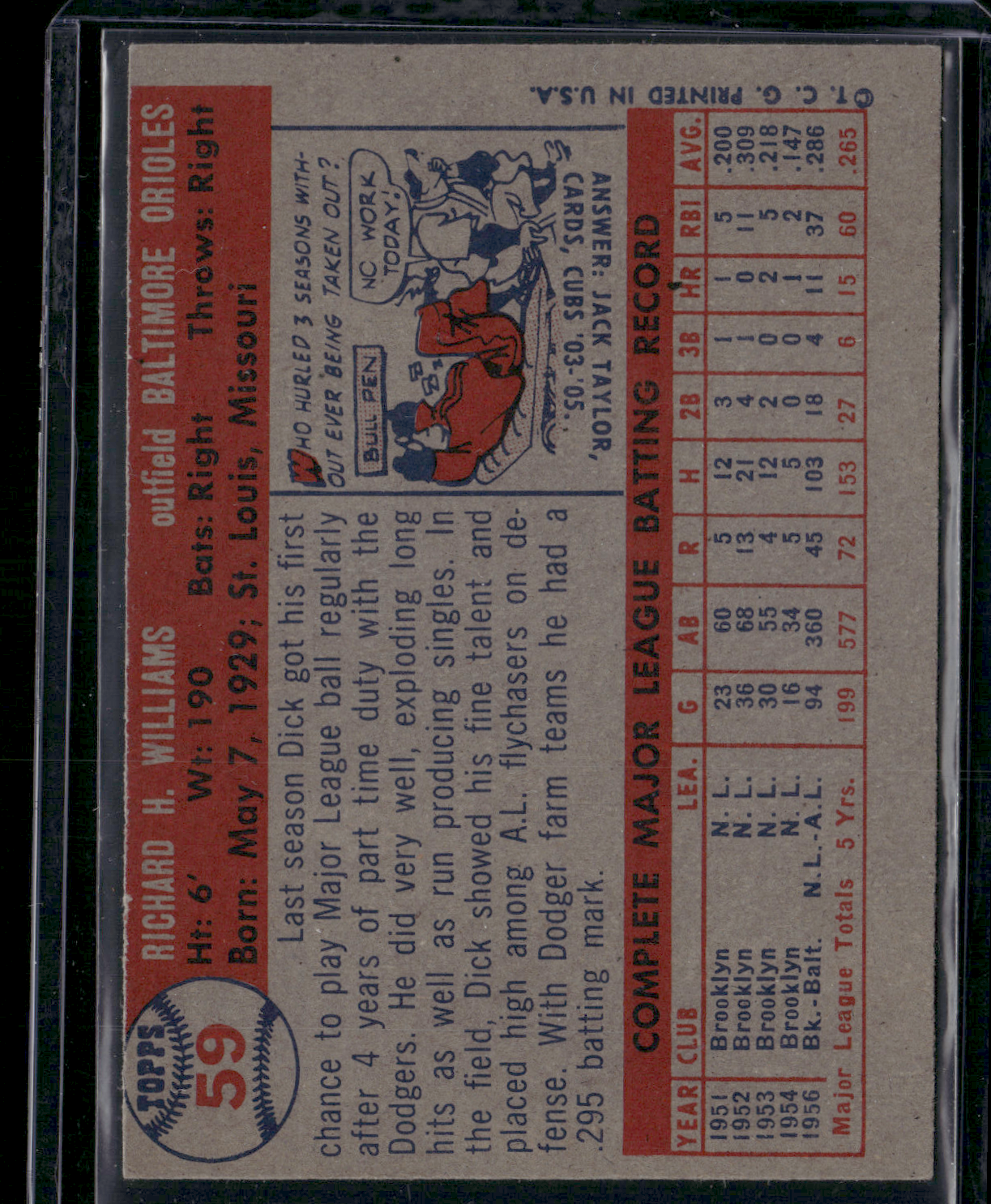 1957 Topps DICK WILLIAMS #59 - Miscut