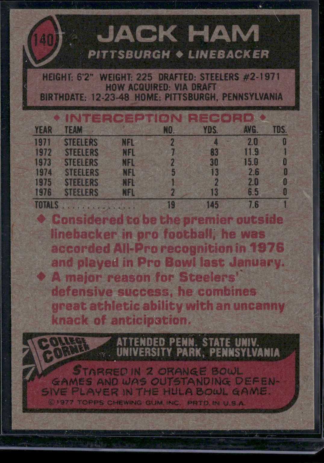 1977 Topps JACK HAM #140 Print Snow (EX)
