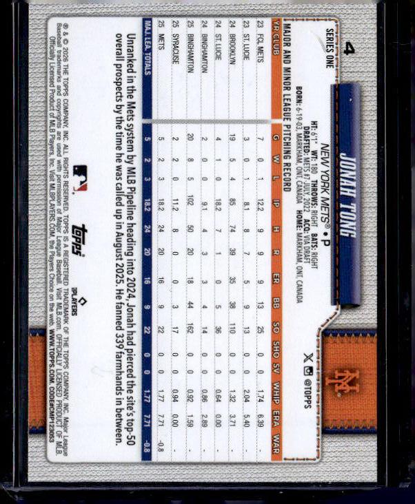 2026 Topps Series 1 JONAH TONG #4 Rookie RC
