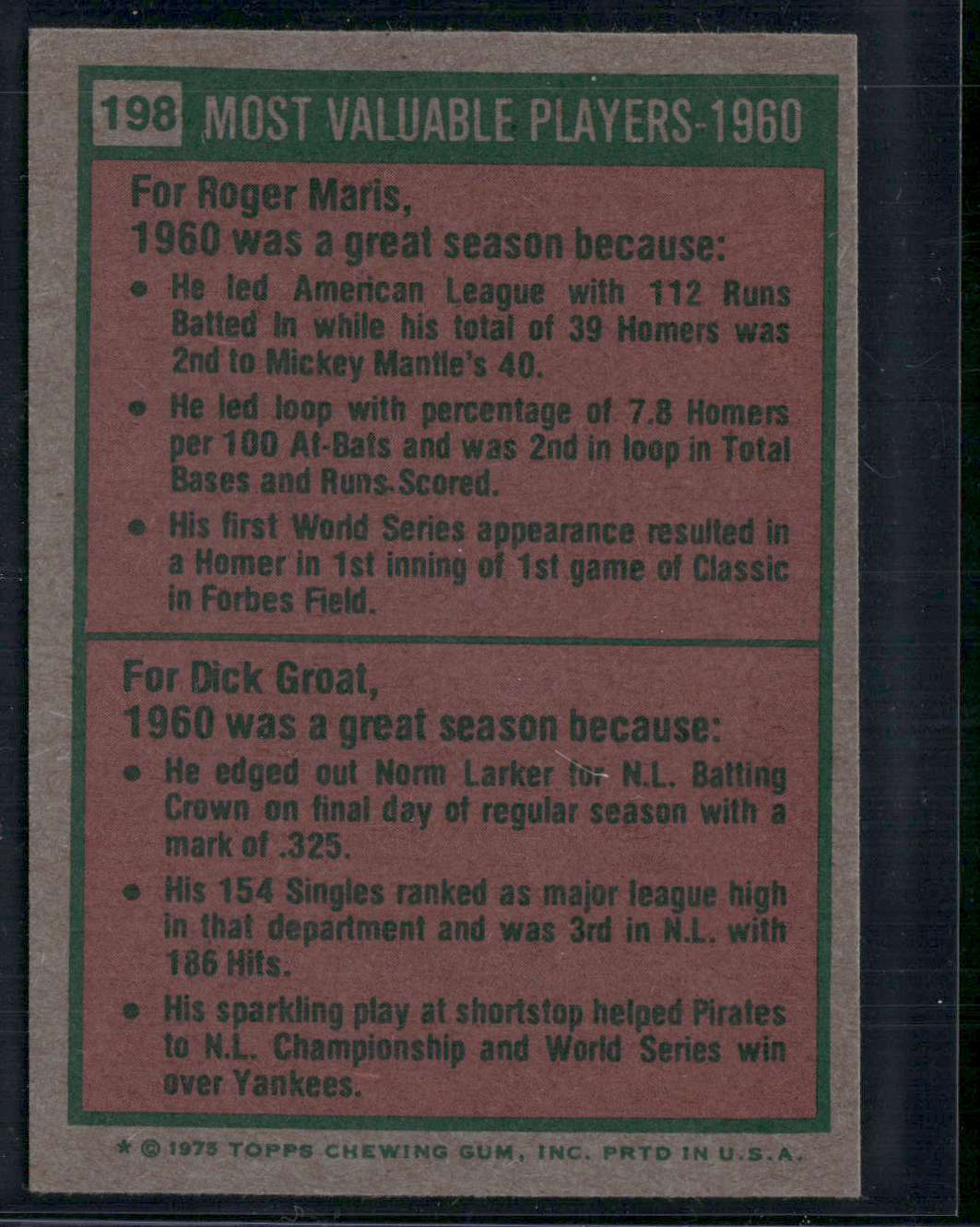 1975 Mini ROGER MARIS/DICK GROAT #198 1960 MVP's (EX-EX/MT)