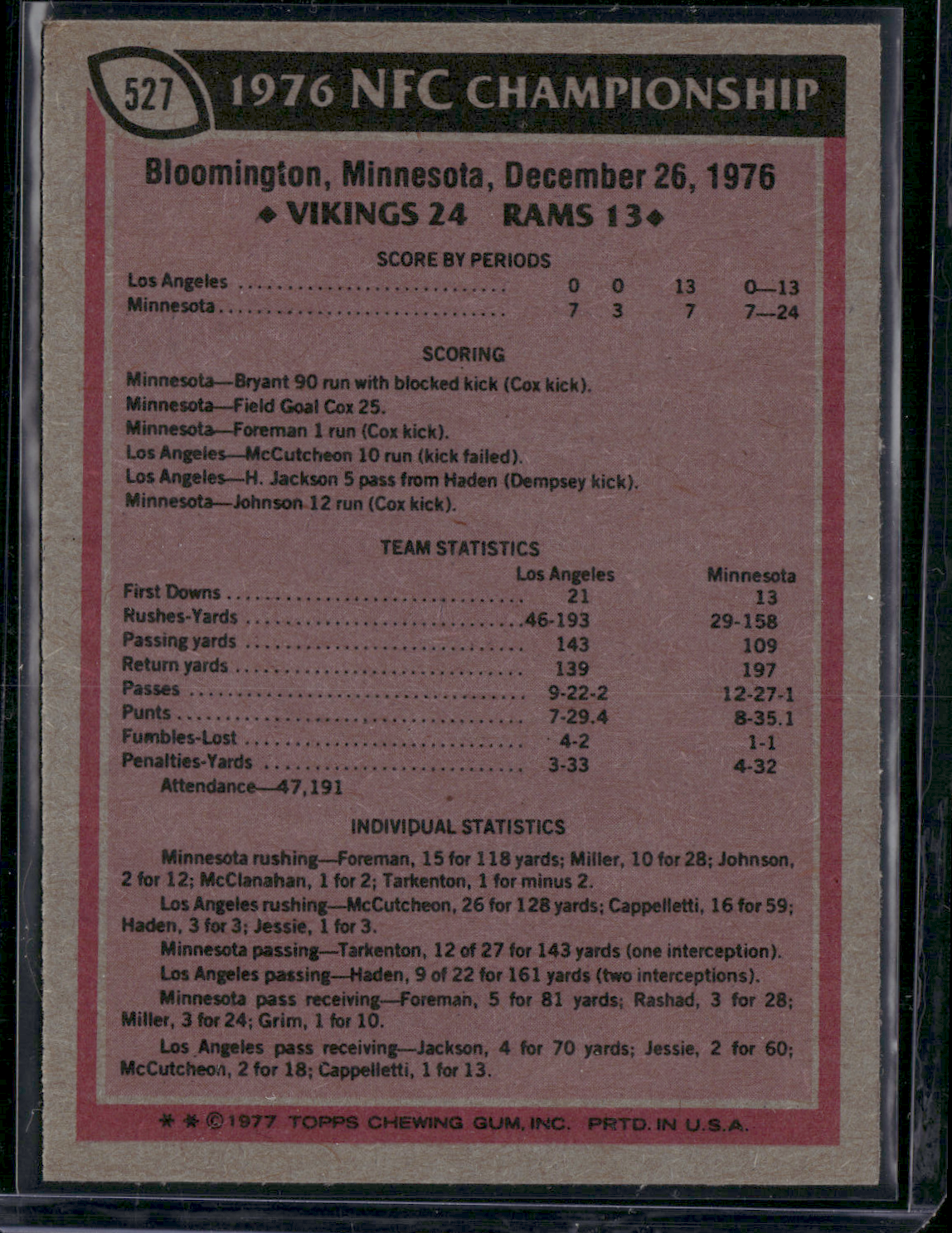 1977 Topps 1976 NFC CHAMPIONSHIP GAME #527 VIKINGS/RAMS (EX)