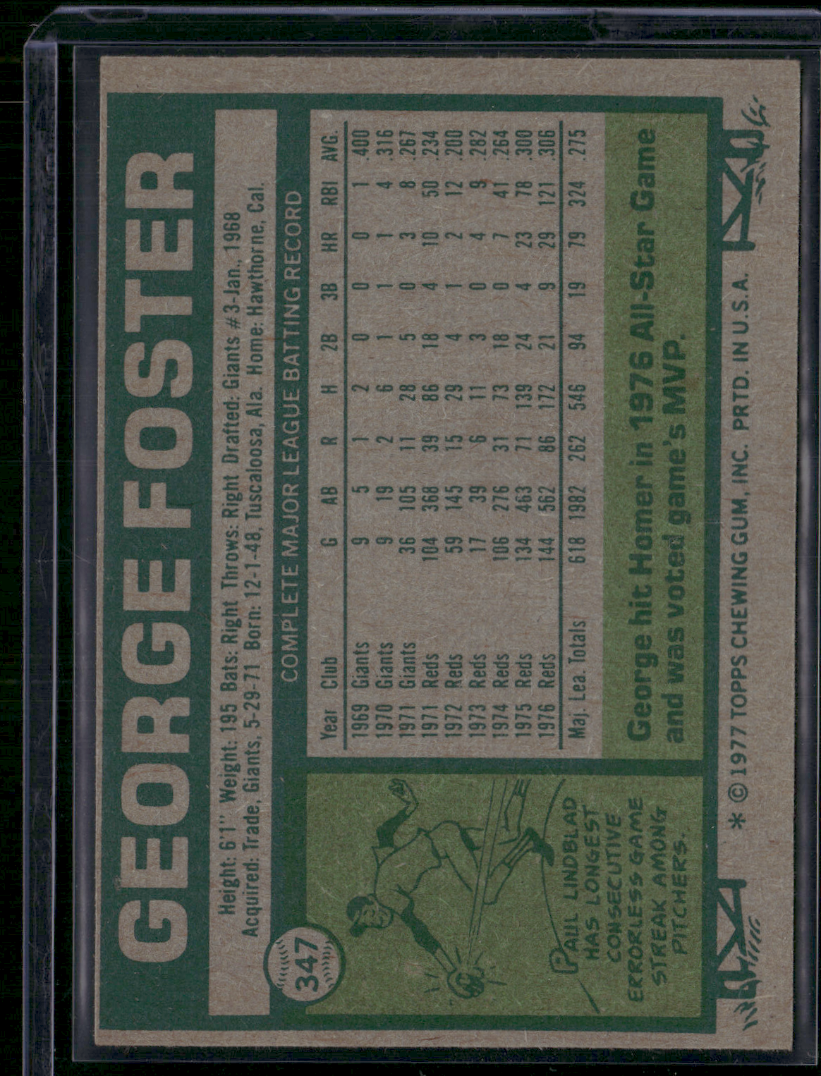 1977 Topps GEORGE FOSTER #347 (EX-EX/MT)