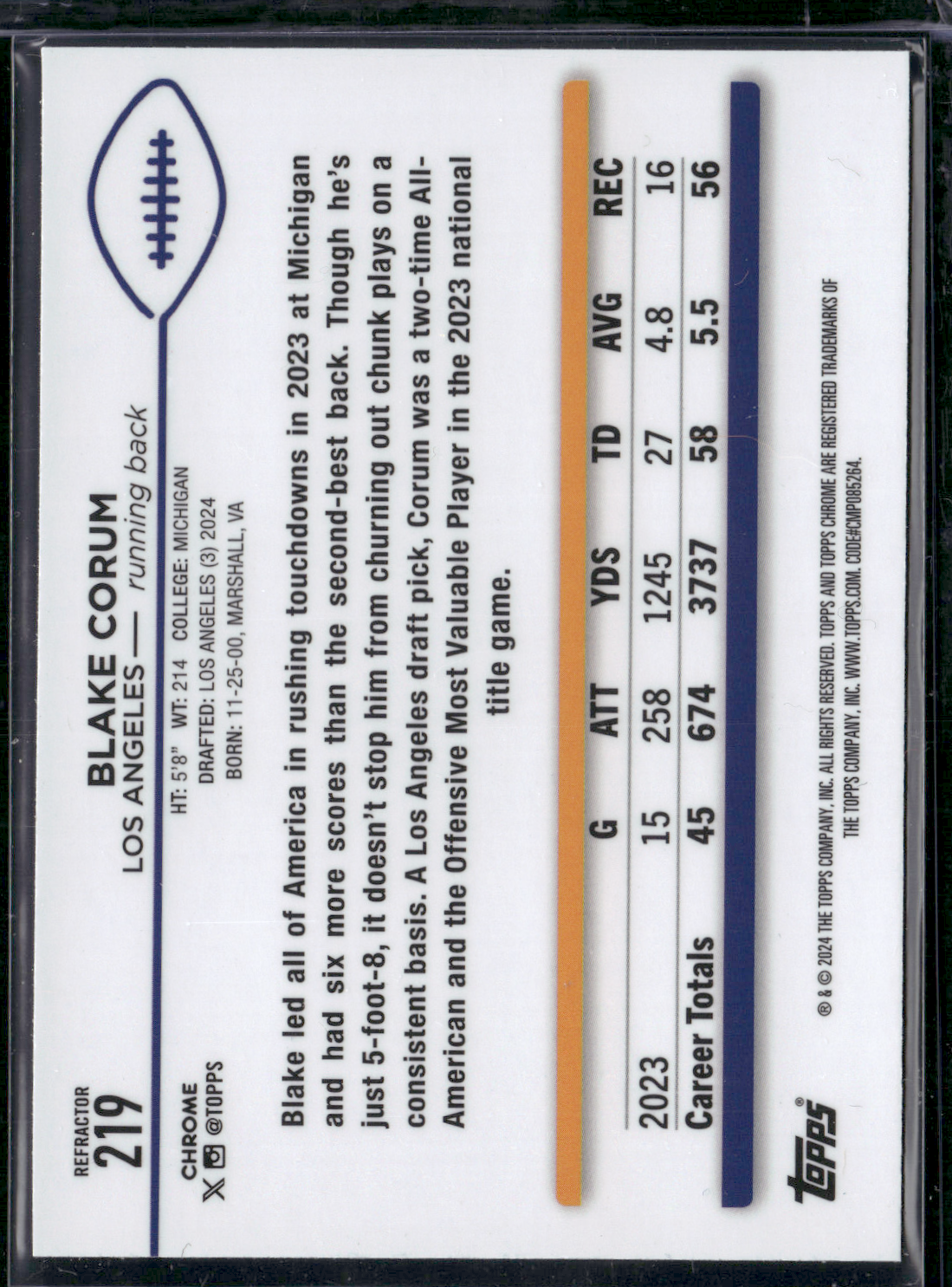 2024 Chrome BLAKE CORUM #219 Rainbow Refractor Rookie RC (NM)