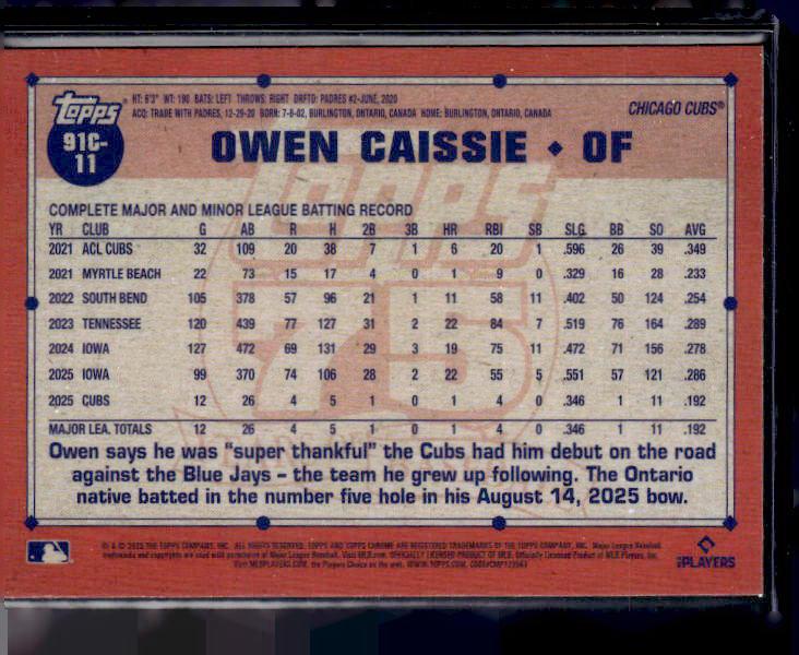 2026 Topps Series 1 OWEN CAISSIE #91C-11 1991 Topps Mojo Rookie RC