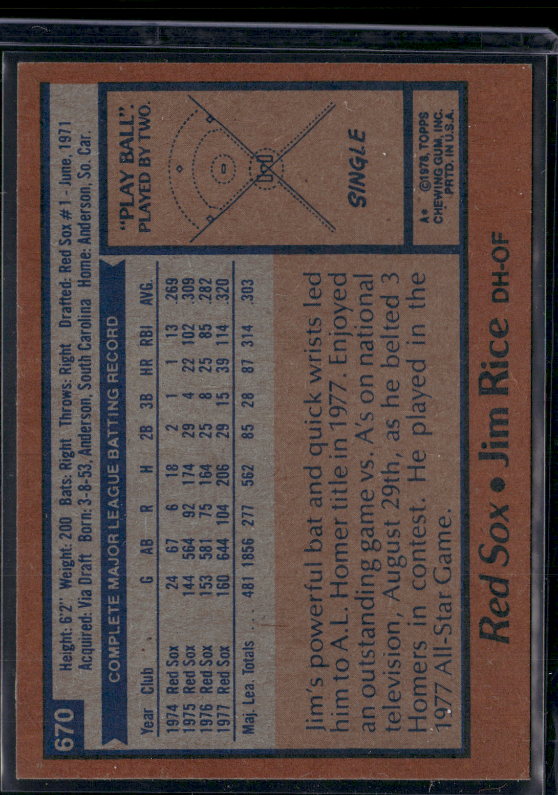 1978 Topps JIM RICE #670 Print Snow (EX)