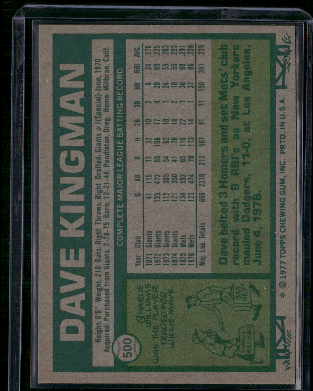 1977 Topps DAVE KINGMAN #500 (EX/MT)