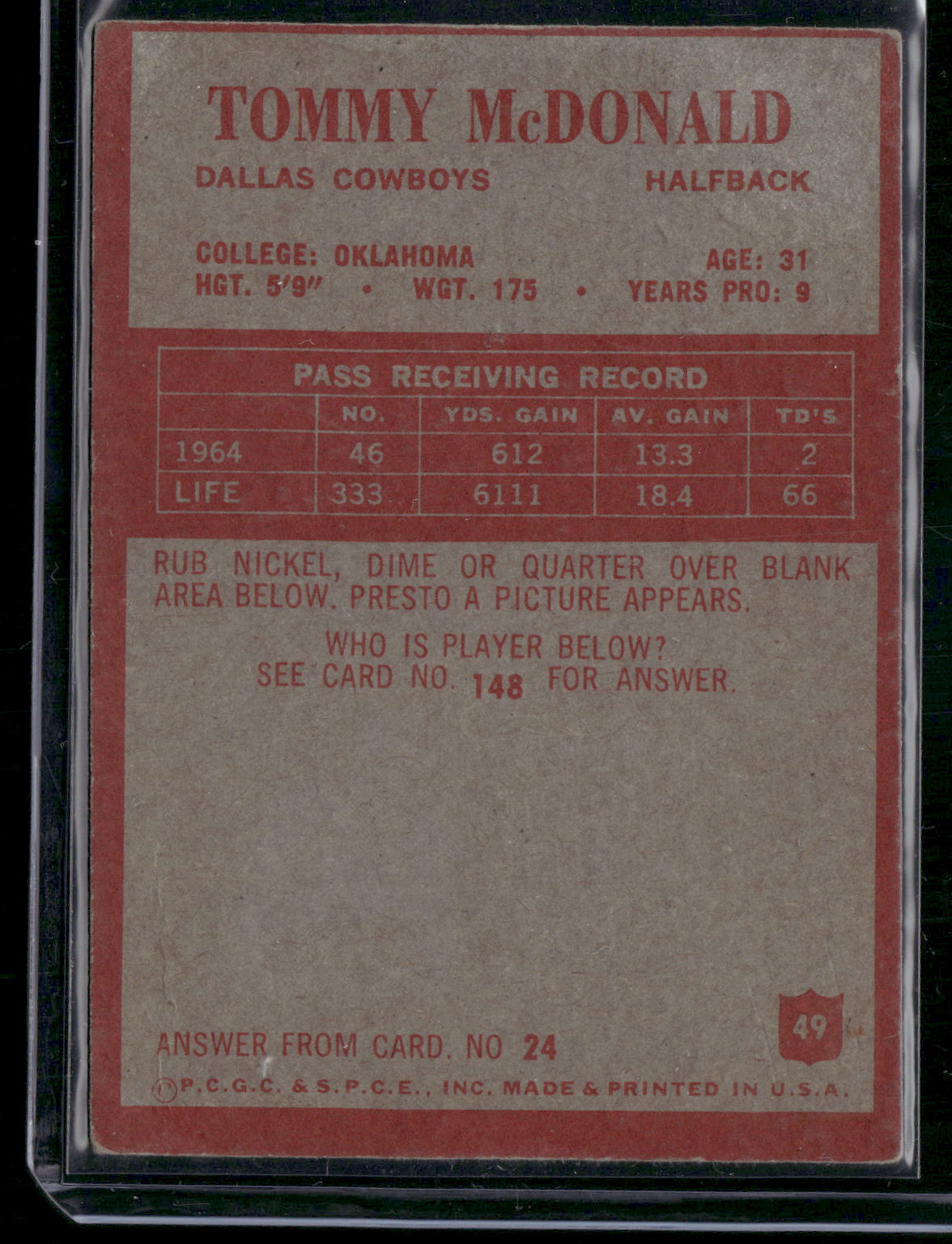 1965 Philadelphia TOMMY MCDONALD #49