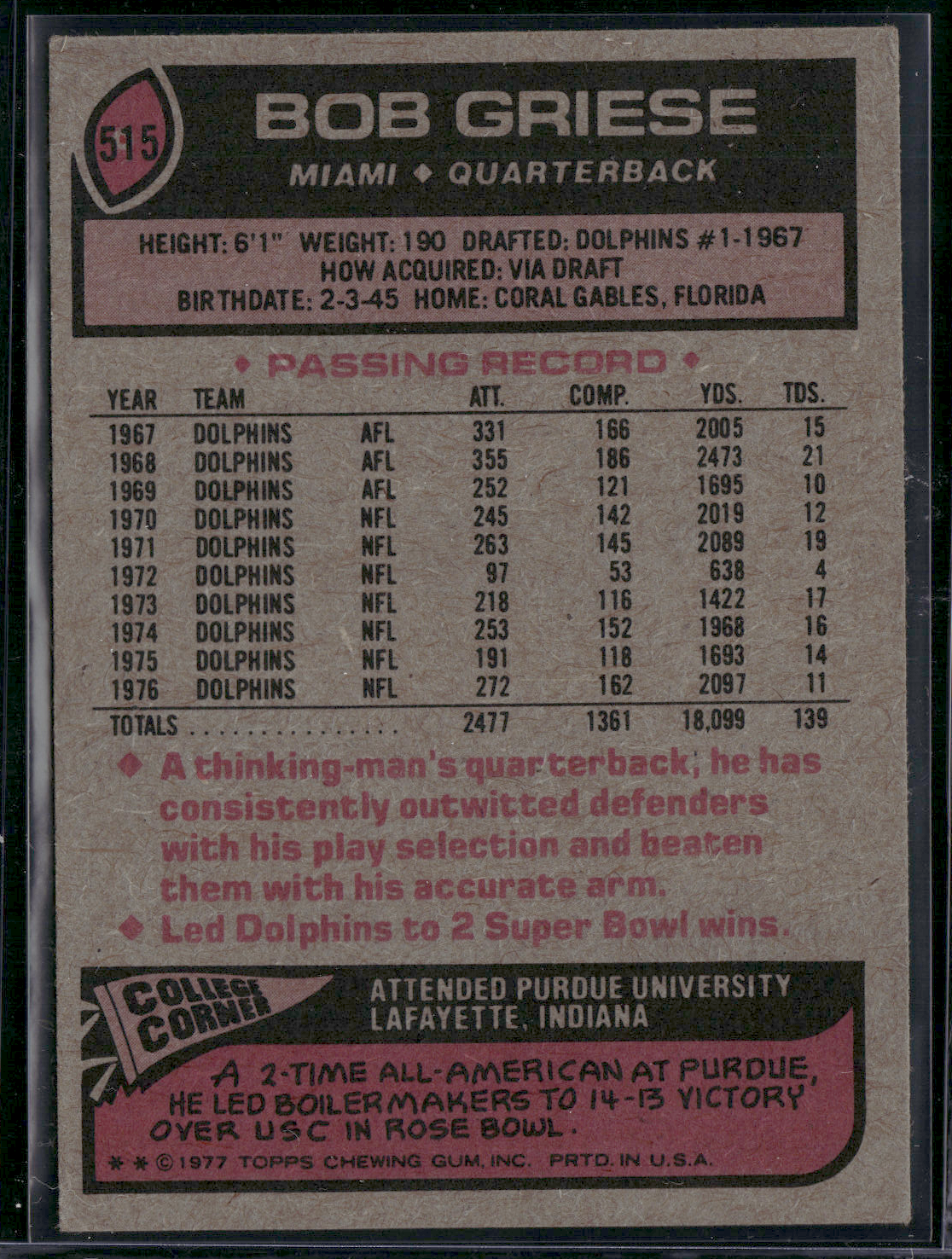 1977 Topps BOB GRIESE #515 (EX)