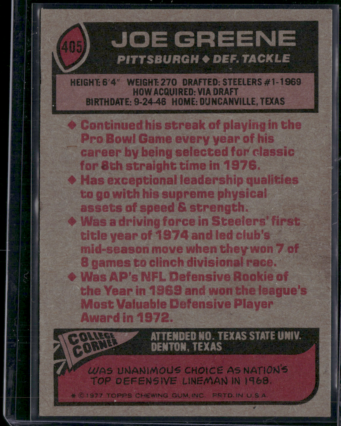 1977 Topps JOE GREENE #405 (VG/EX-EX)