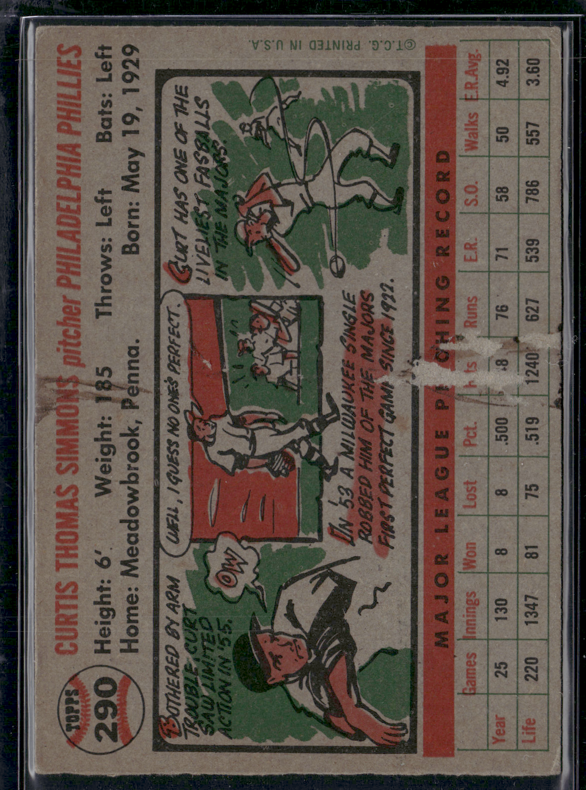 1956 Topps CURT SIMMONS #290 Paper Loss on Back