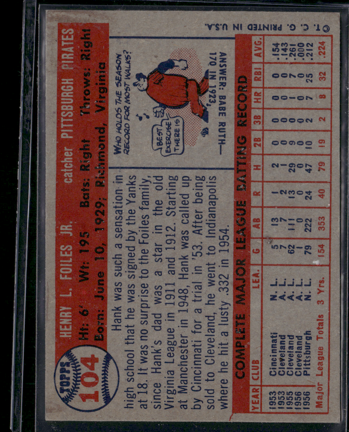 1957 Topps HANK FOILES #104 Slight staining on back