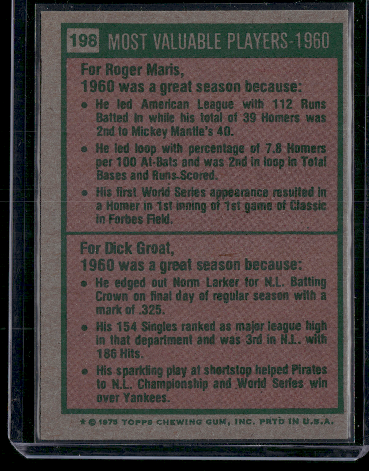 1975 Topps ROGER MARIS/DICK GROAT #198 1960 MVP's Wax Stain (EX)