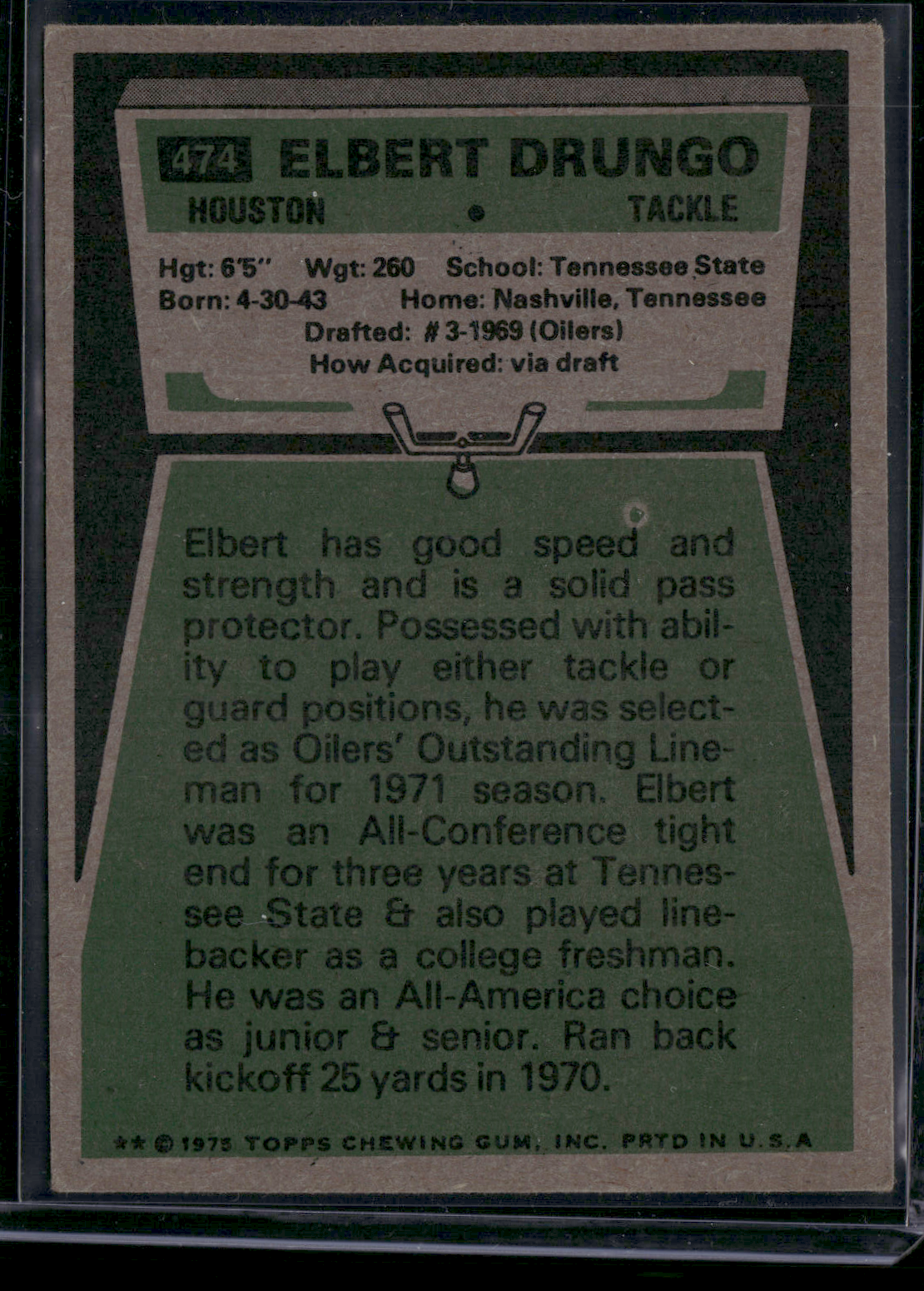 1975 Topps ELBERT DRUNGO #474 (VG - Light Wrinkle)