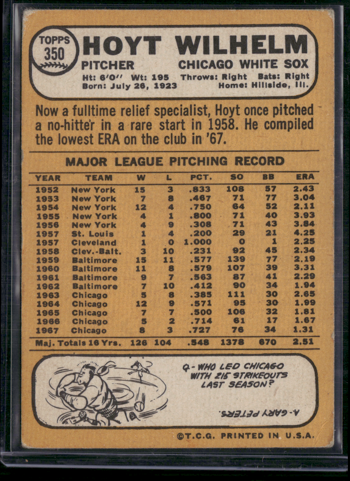 1968 Topps HOYT WILHELM #350 (VG-VG/EX)