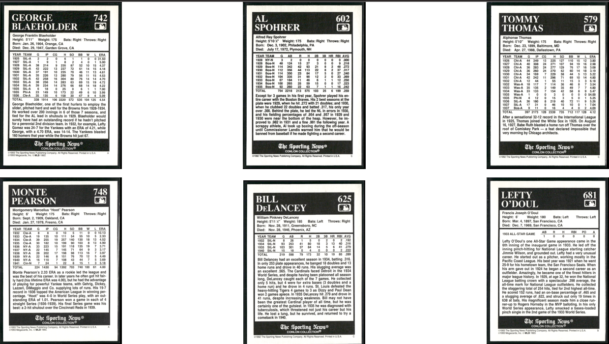 1992 Conlon Collection 10 ~ CARDLOT(EX)