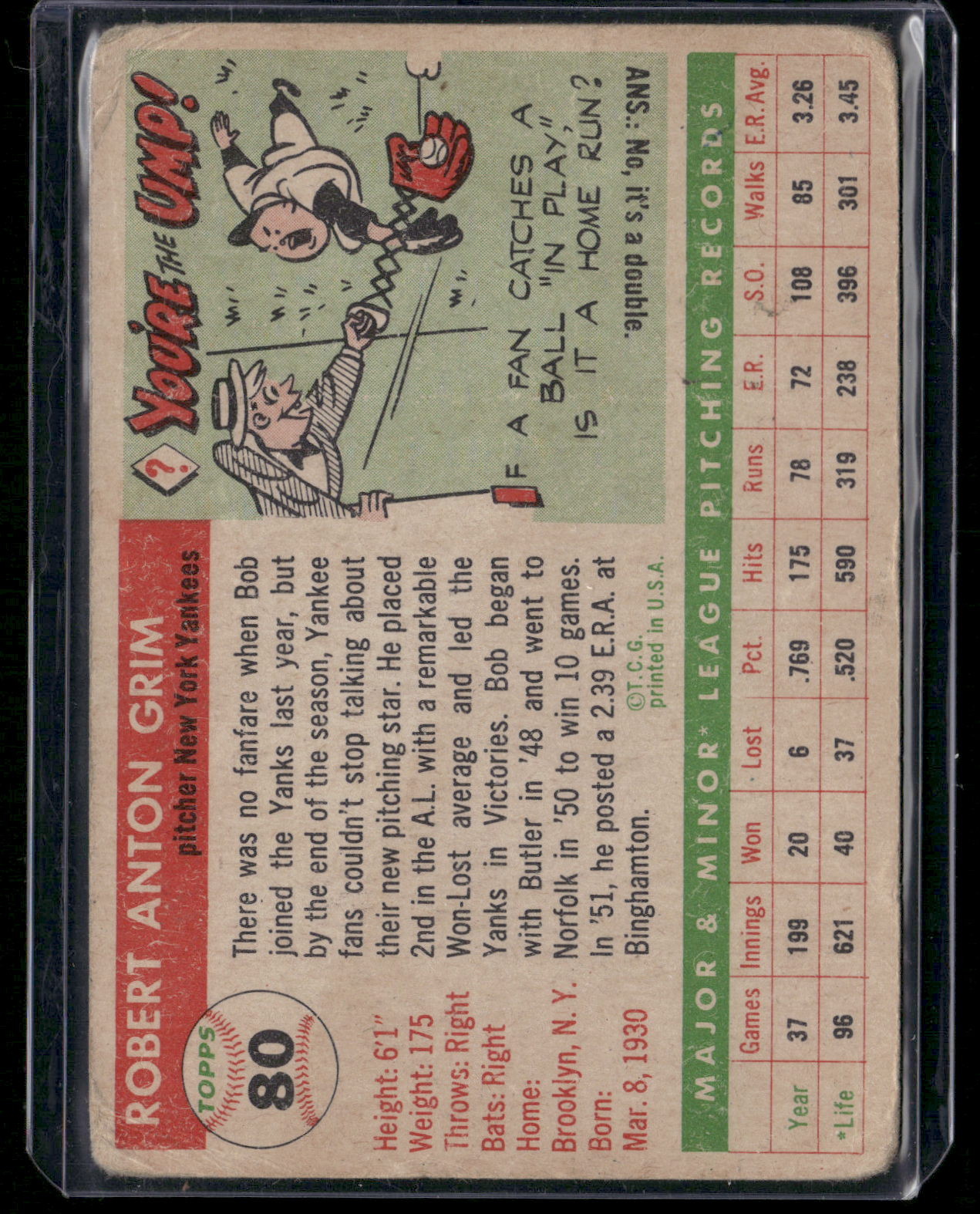 1954 Topps BOB GRIM #80 Corner Light paper loss Wrinkle (Fair-Good)