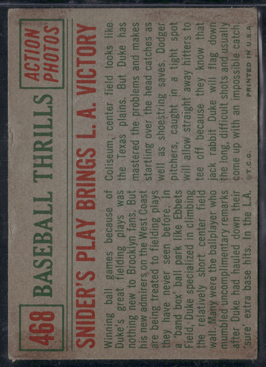 1959 Topps BASEBALL THRILLS SNIDER'S PLAY BRINGS L.A. VICTORY #468 - DUKE SNIDER