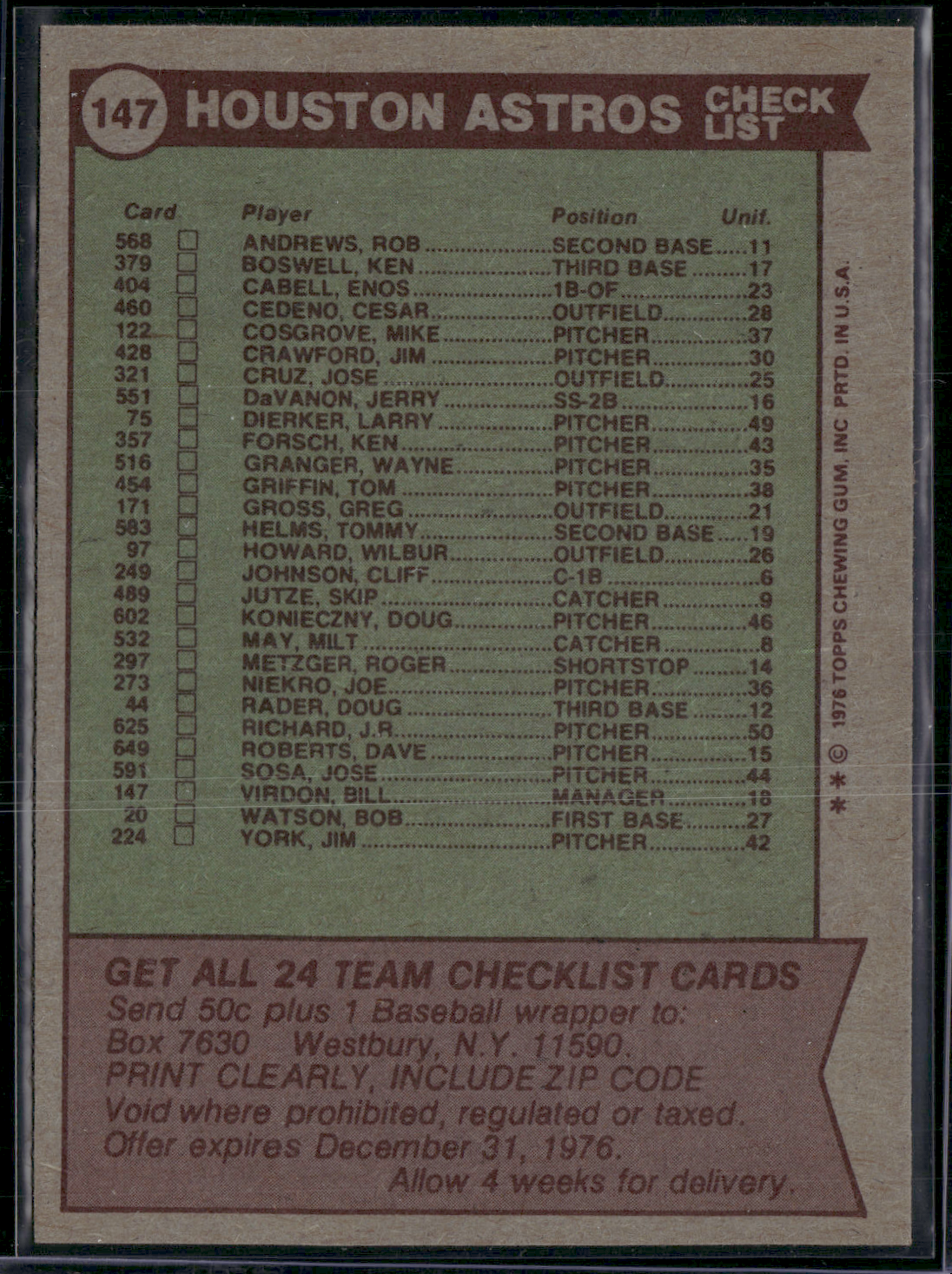 1976 Topps HOUSTON ASTROS #147 (EX/MT)