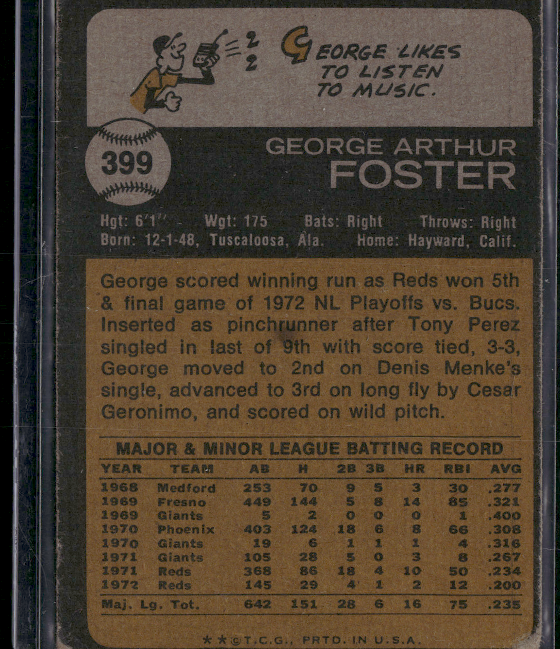 1973 Topps GEORGE FOSTER #399 (Good-VG)