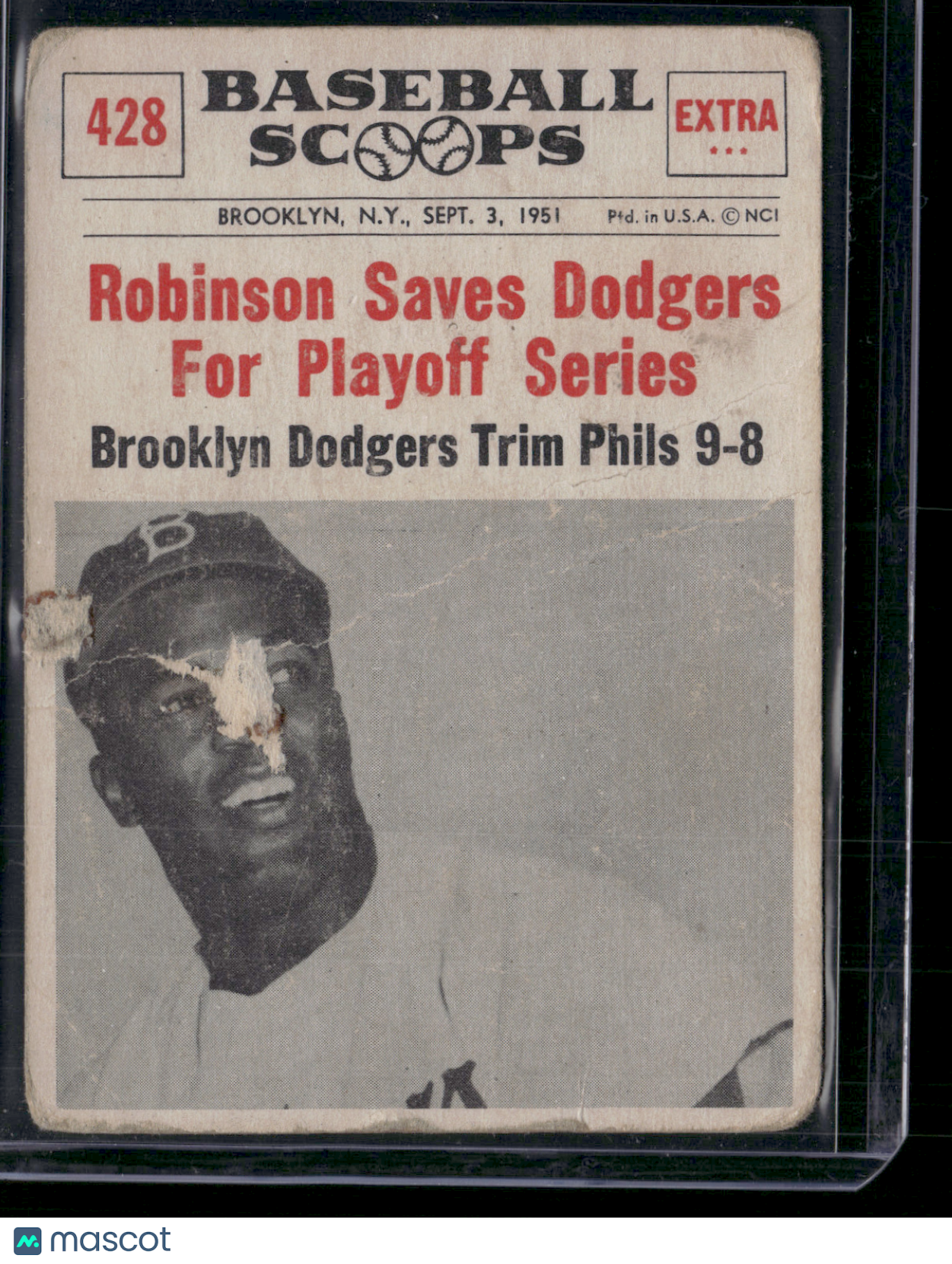 1961 Scoops JACKIE ROBINSON #428 Robinson Save Dodgers for Playoff Series (Fair)