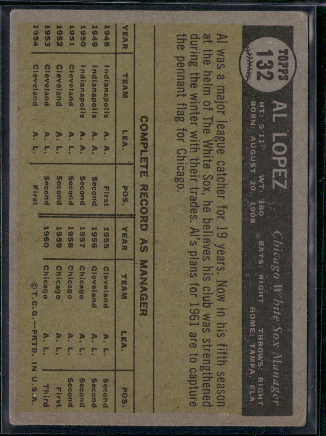 1961 Topps AL LOPEZ #132 (VG)