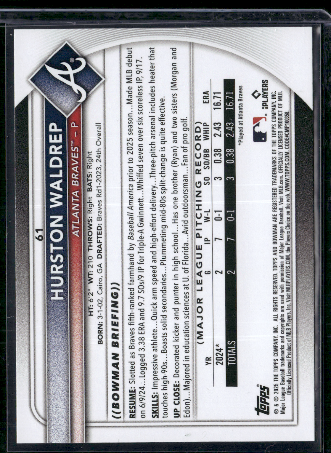 2025 Bowman HURSTON WALDREP Rookie Card RC #61