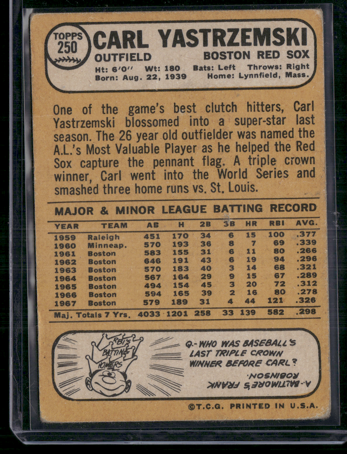 1968 Topps CARL YASTRZEMSKI #250 Surface Dent Light Wrinkle (VG)