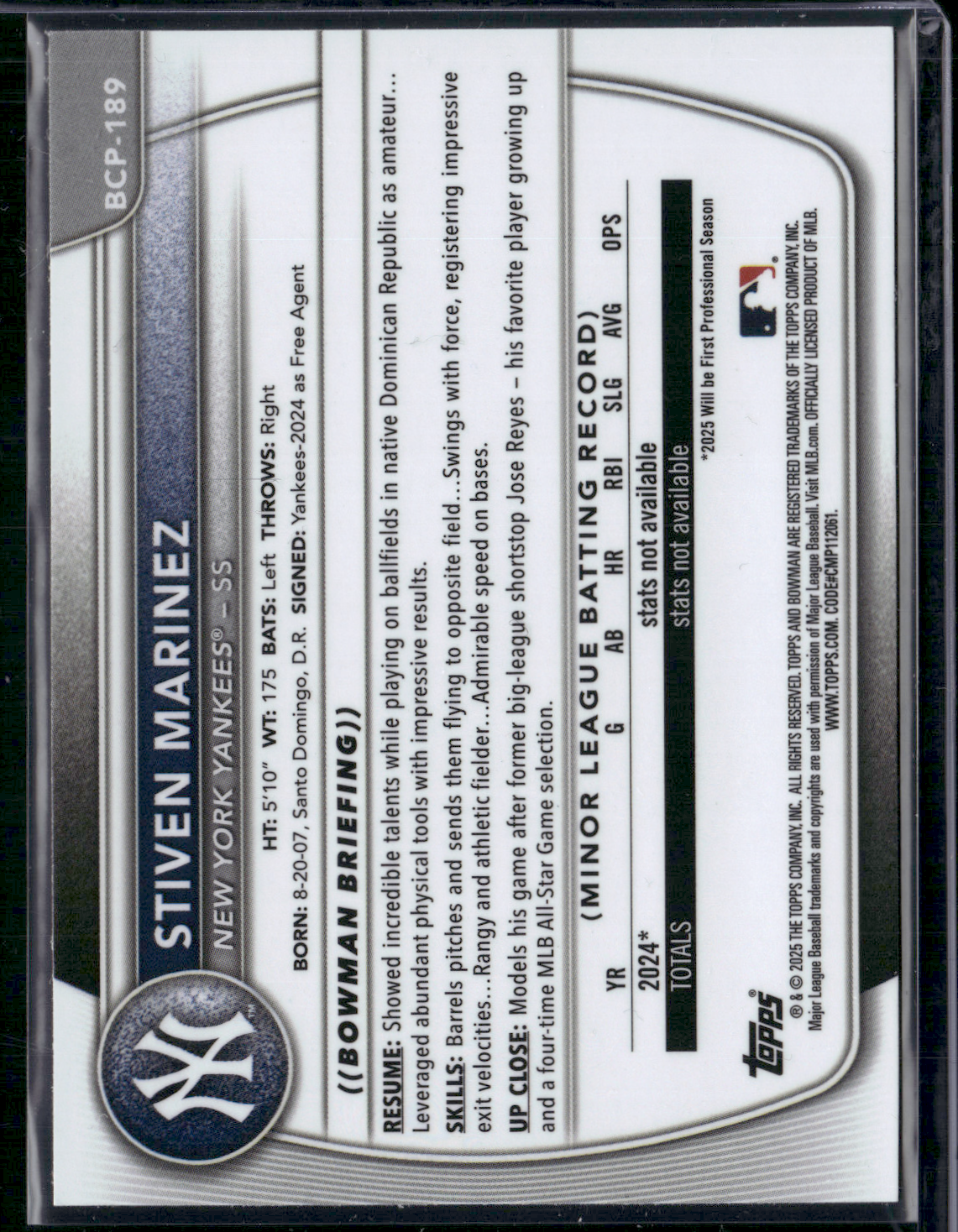 2025 Bowman Chrome STIVEN MARINEZ #BCP-189 Chrome 1st Bowman