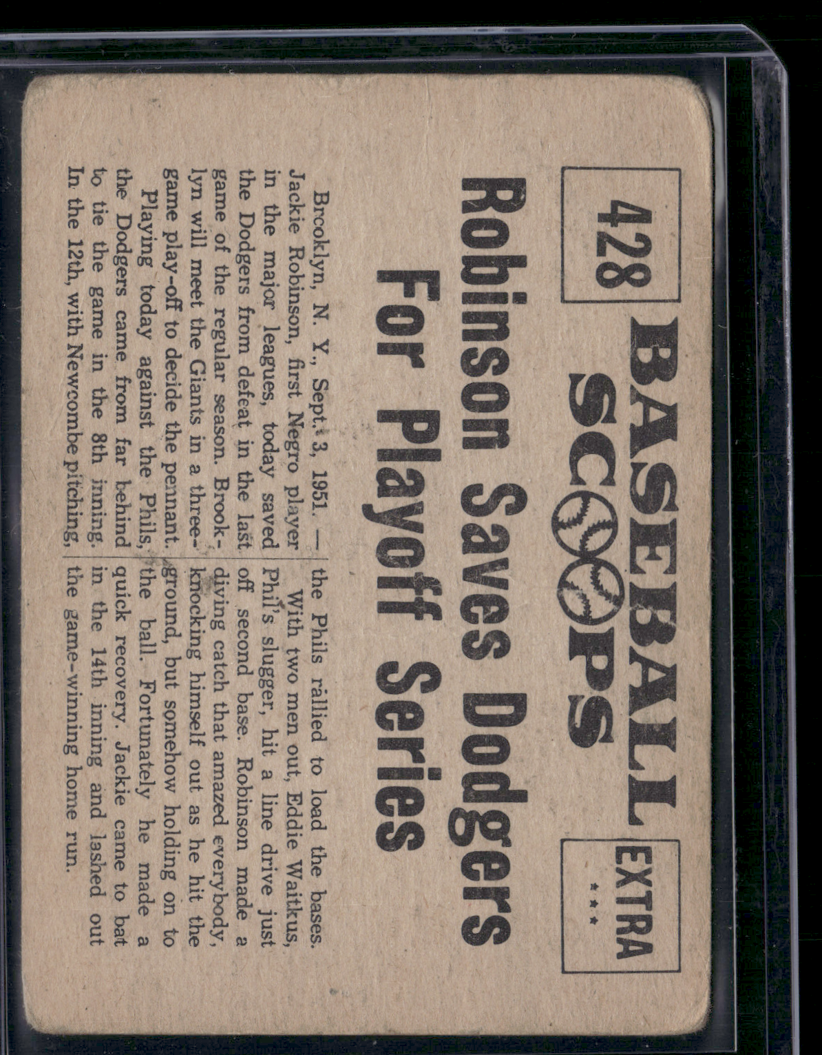 1961 Scoops JACKIE ROBINSON #428 Robinson Save Dodgers for Playoff Series (Fair)