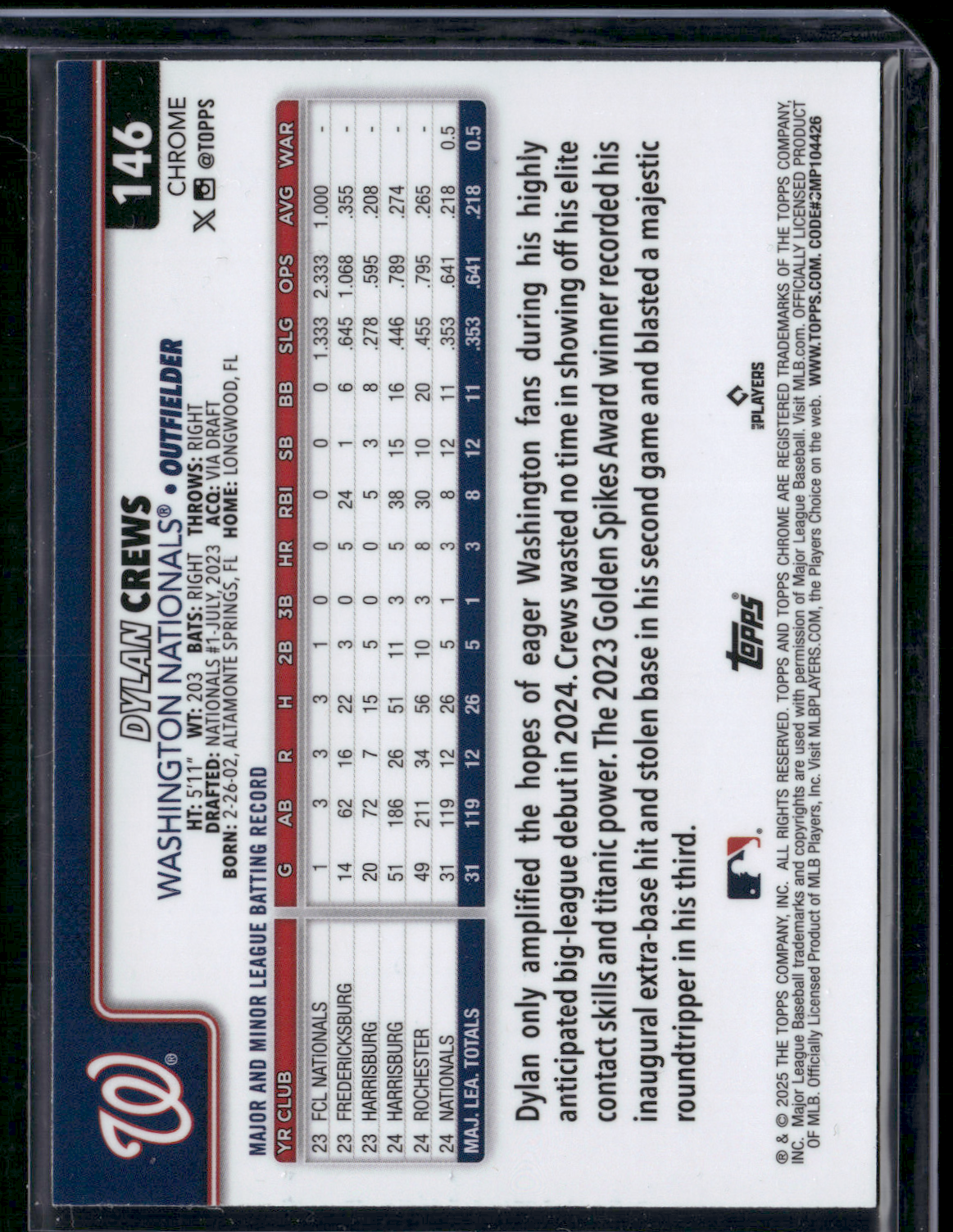 2025 Topps Chrome DYLAN CREWS #146 Rookie RC