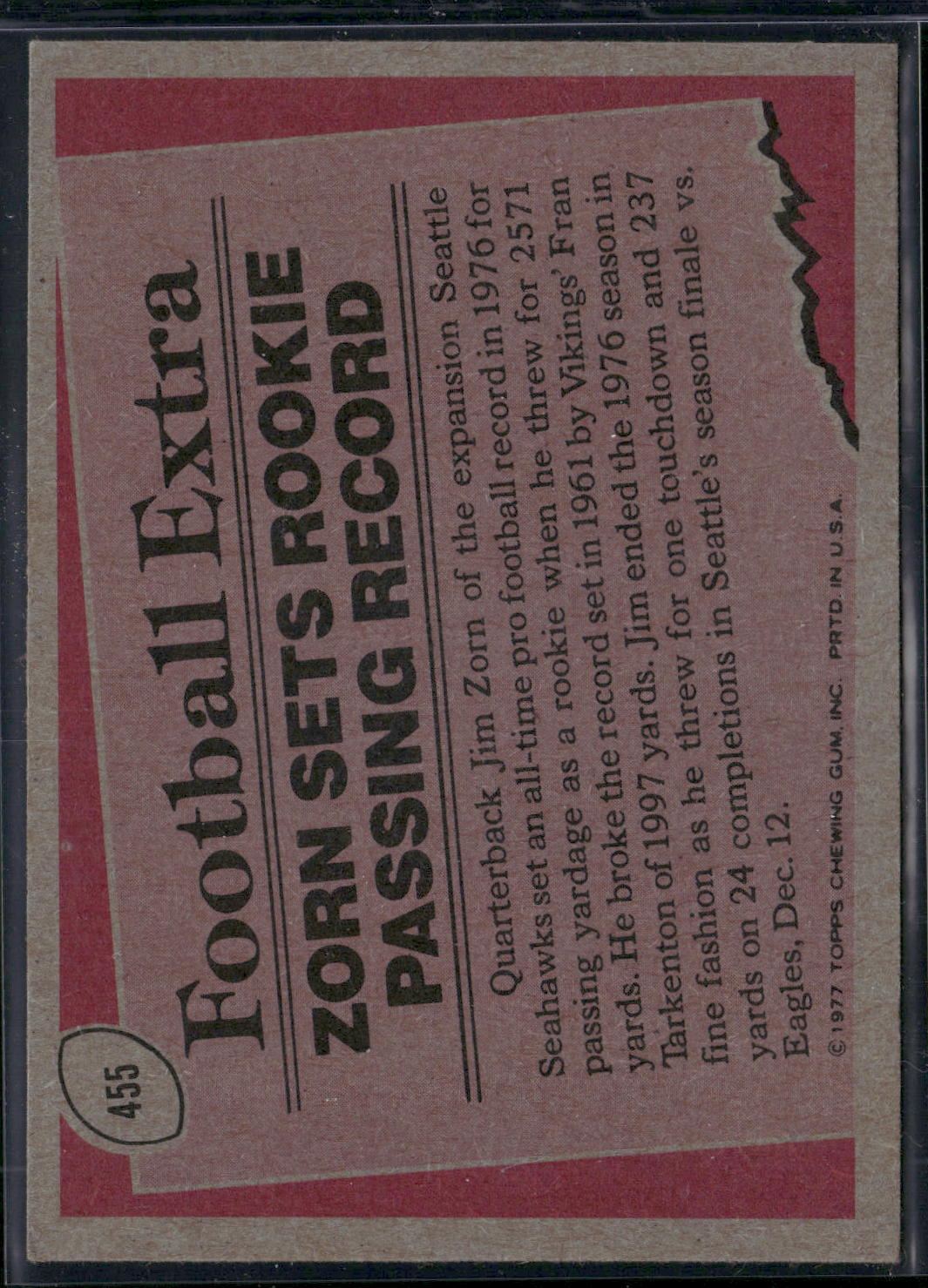 1977 Topps JIM ZORN #455 1976 Record Breaker (EX)