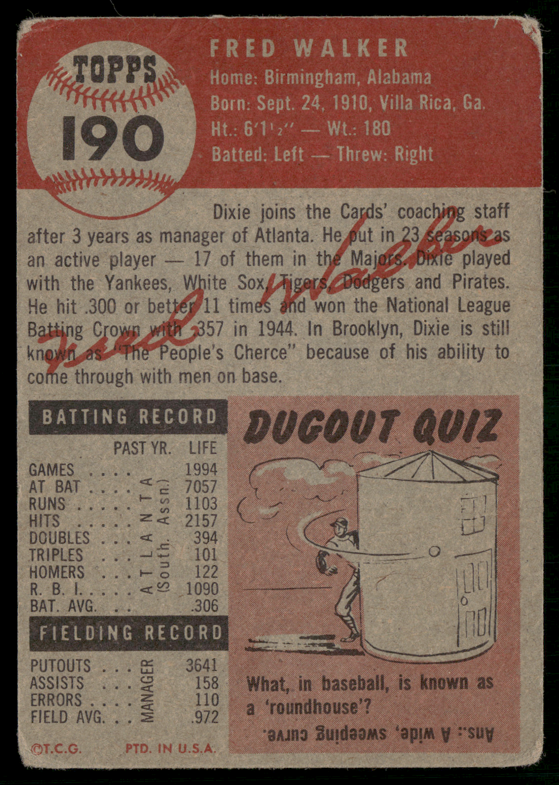 1953 Topps DIXIE WALKER #190 Light Wrinkles (Good-VG)