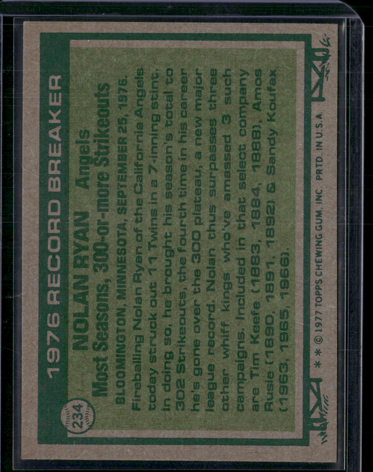 1977 Topps NOLAN RYAN #234 1976 Record Breaker (EX/MT-NM)