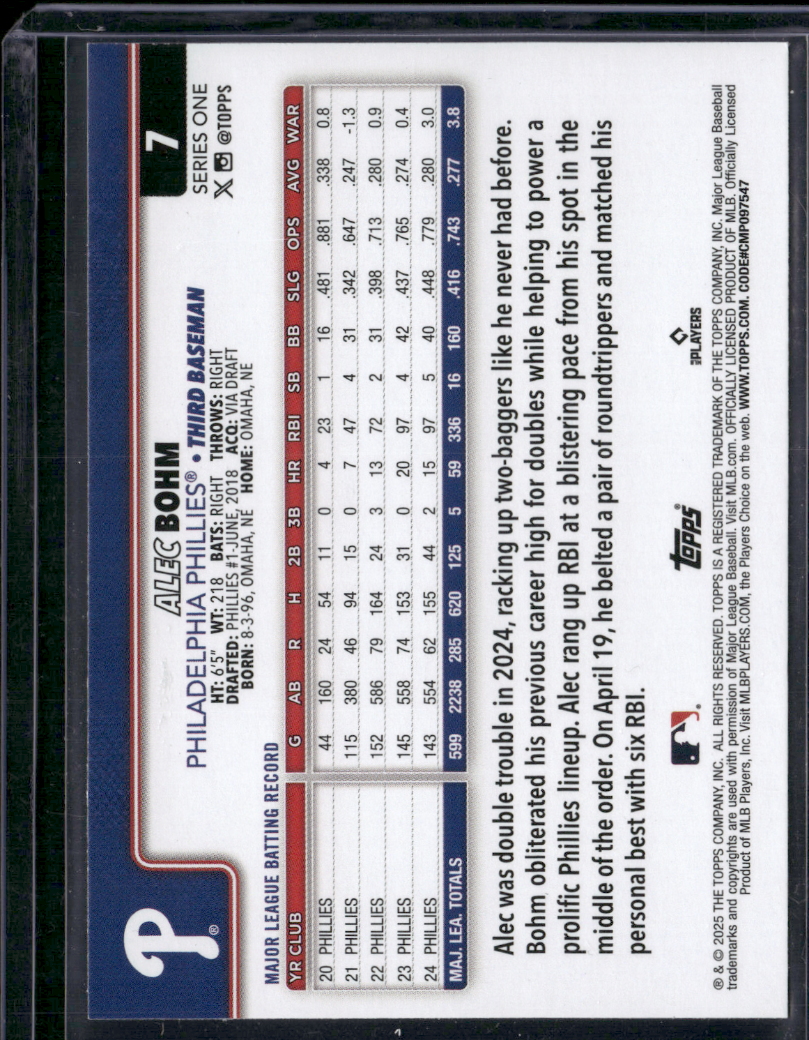 2025 Topps Series 1 ALEC BOHM #7 Rainbow Foil