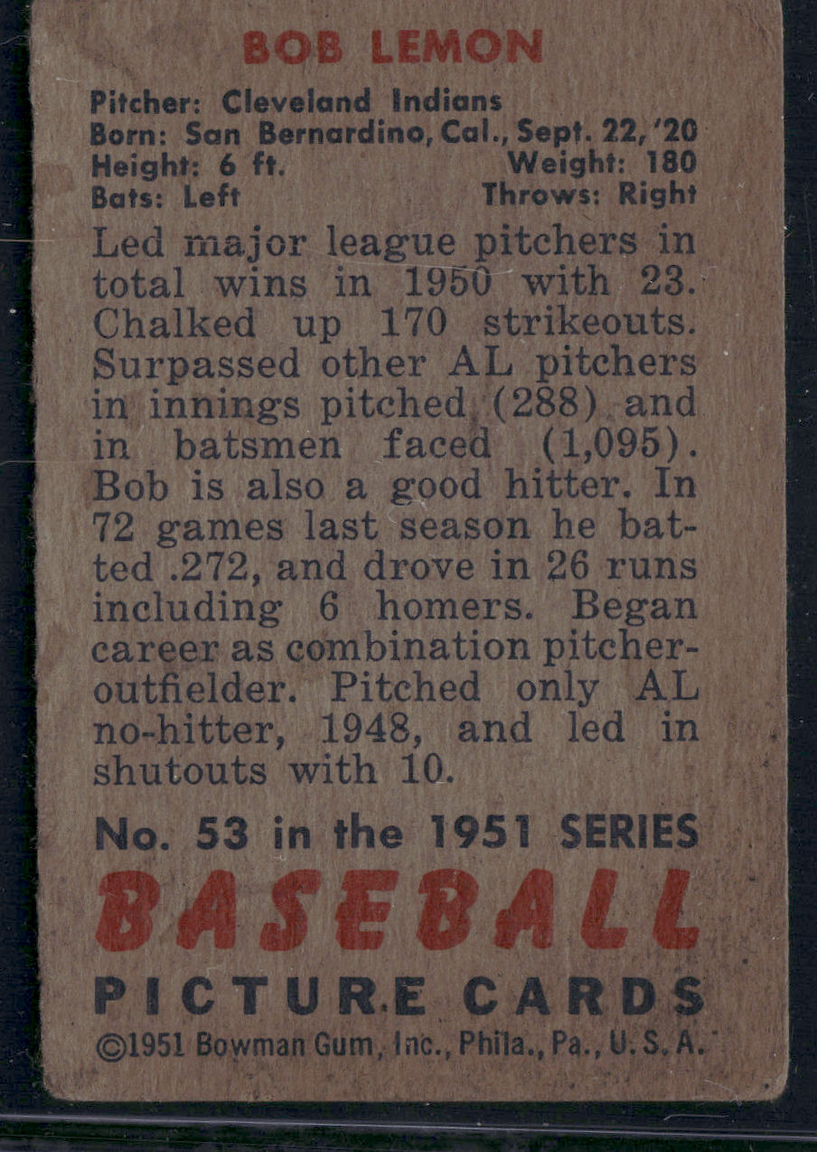1951 Bowman BOB LEMON #53 Light Wrinkle (Good)