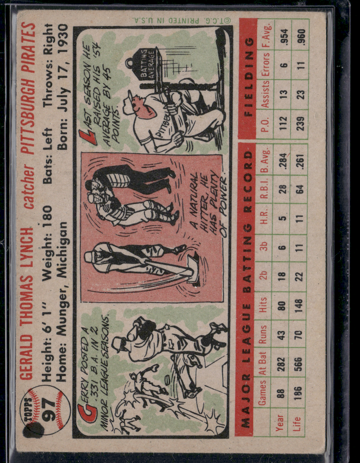 1956 Topps JERRY LYNCH #97 Light wrinkes and ink on back