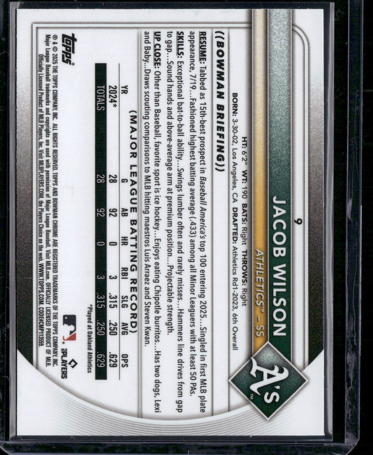 2025 Bowman JACOB WILSON #9 Chrome RED SHIELD RC-AL ROY FAVORITE-BUYBACK CARD