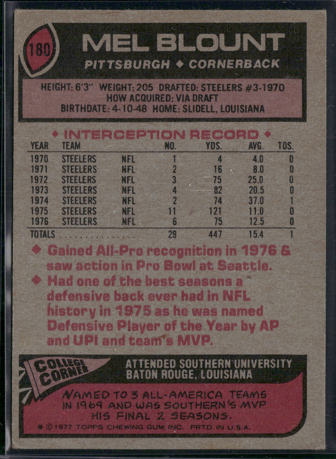 1977 Topps MEL BLOUNT #180 All Pro Light Wrinkles (VG-VG/EX)
