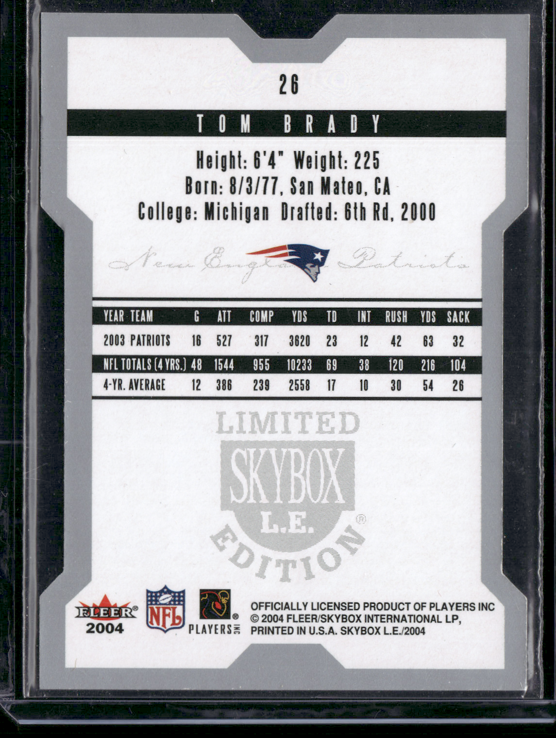 2004 Skybox Limited Edition TOM BRADY #26 (EX - Color Chipping)