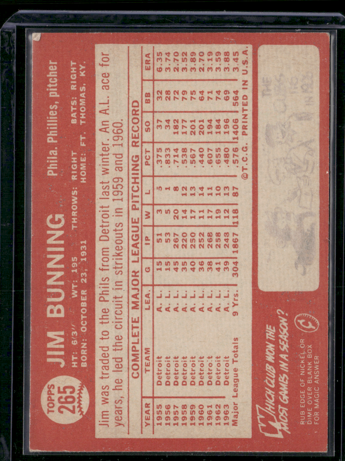1964 Topps JIM BUNNING #265 (VG)