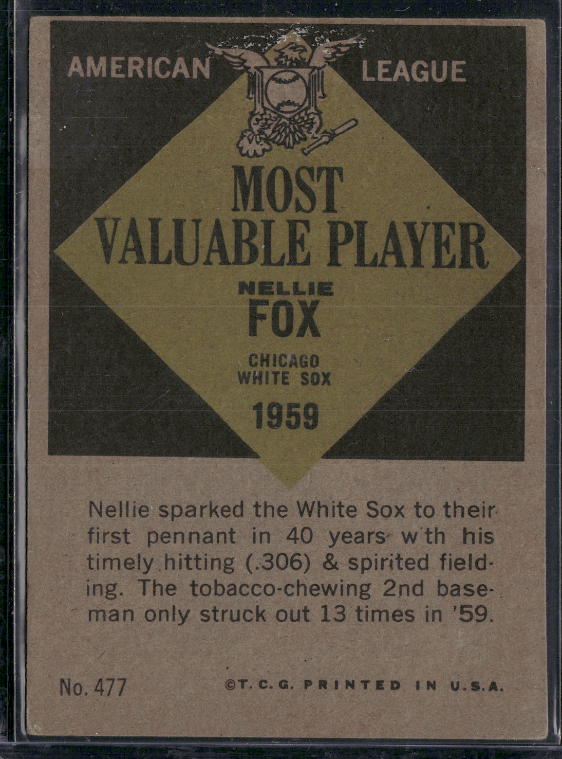 1961 Topps NELLIE FOX #477 1959 MVP Paper Loss Top Front (Fair)