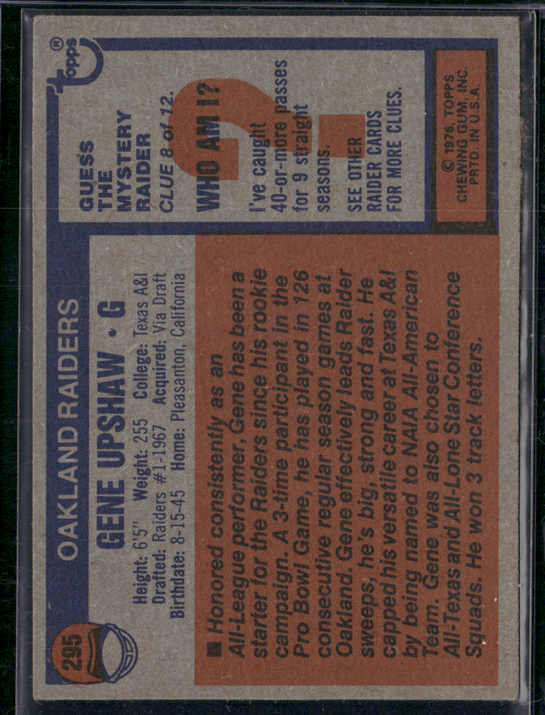 1976 Topps GENE UPSHAW #295 Wax Stain (EX)