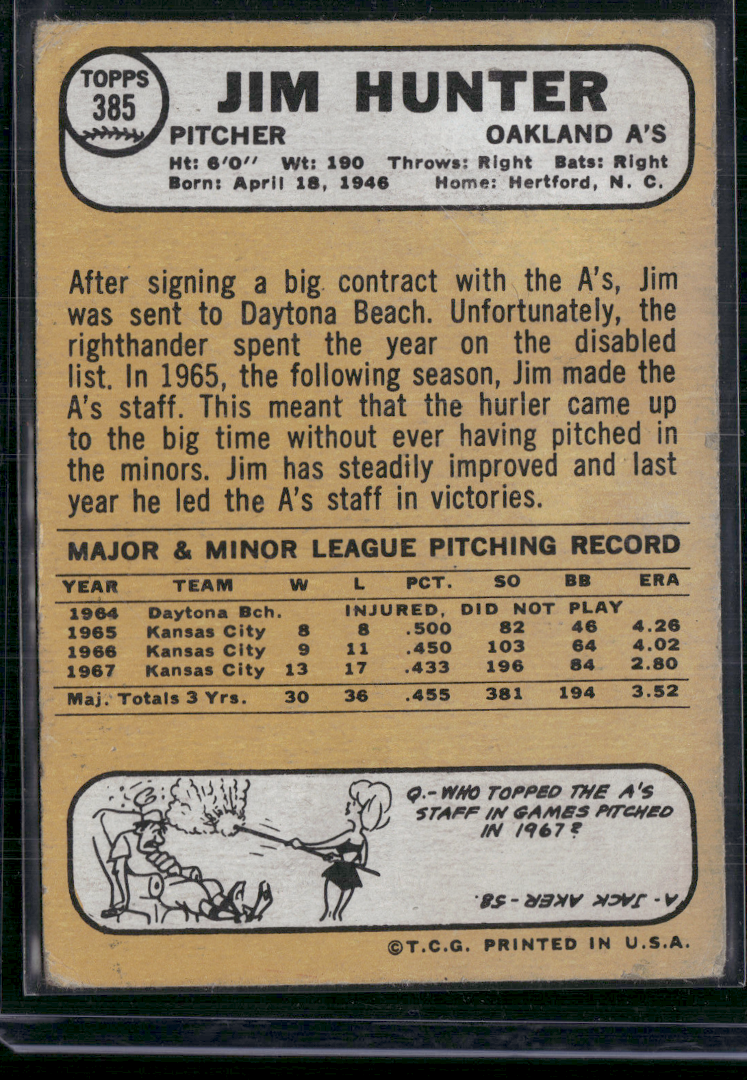 1968 Topps JIM "CATFISH" HUNTER #385